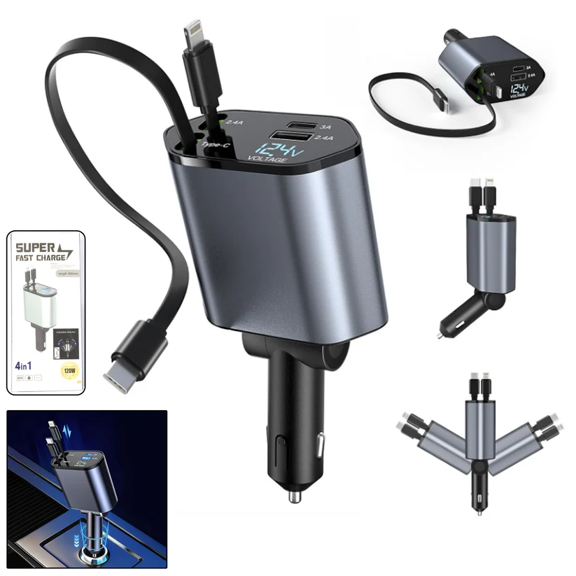 4-in-1 Super Fast Car Charger with Dual Built-In Cables, Dual USB Ports