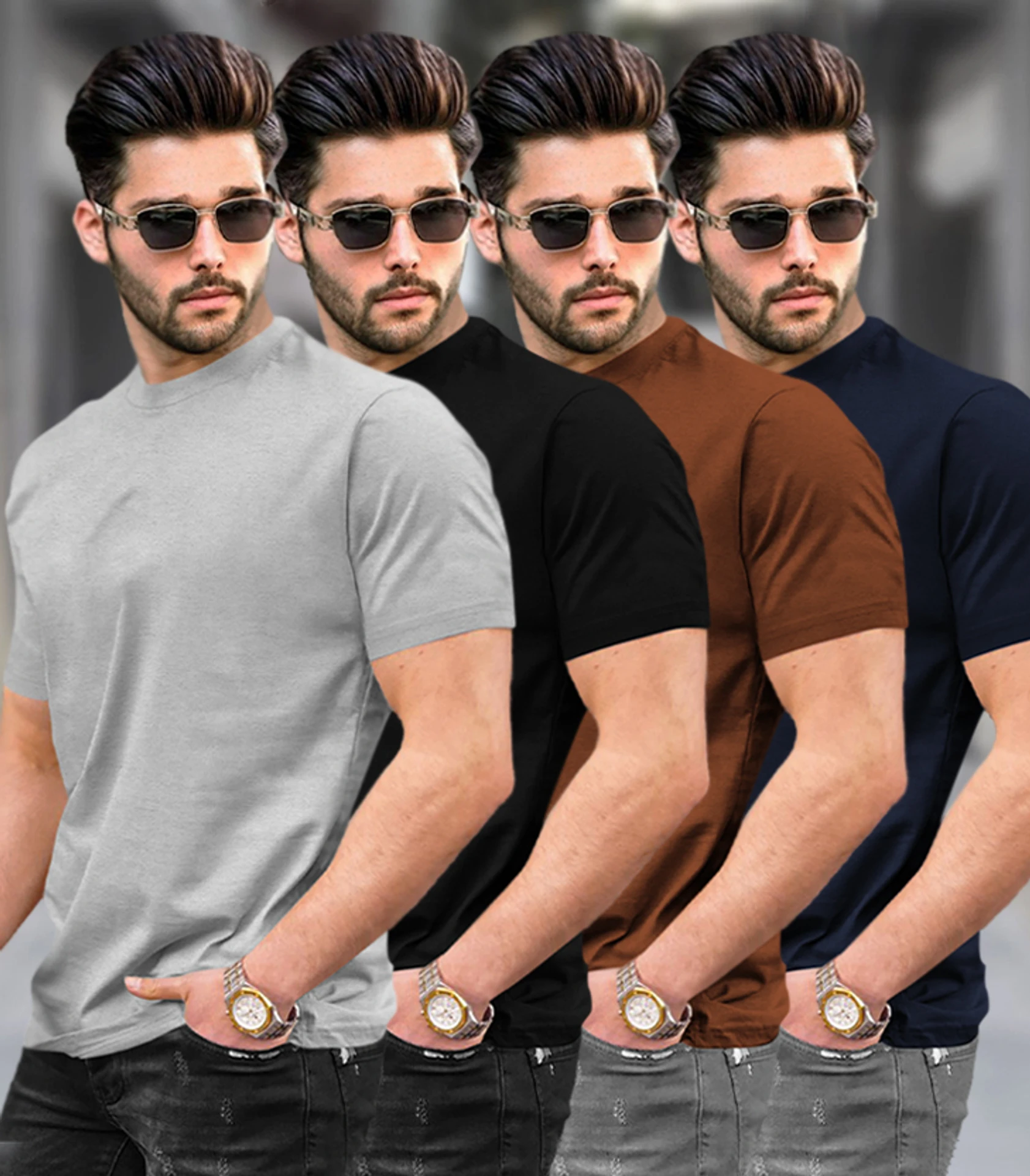 Pack of 4 Men Solid Round Neck Cotton Blend Multicolor T-Shirt